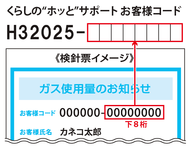 「くらしの“ホッと”サポートお客様コード」は「H32025」＋カネコ商会お客様コード下８桁